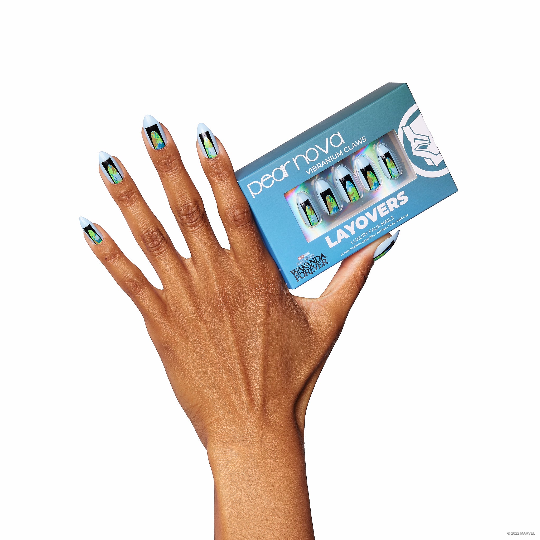 hand model holding box of Vibranium Claws wearing set of nails